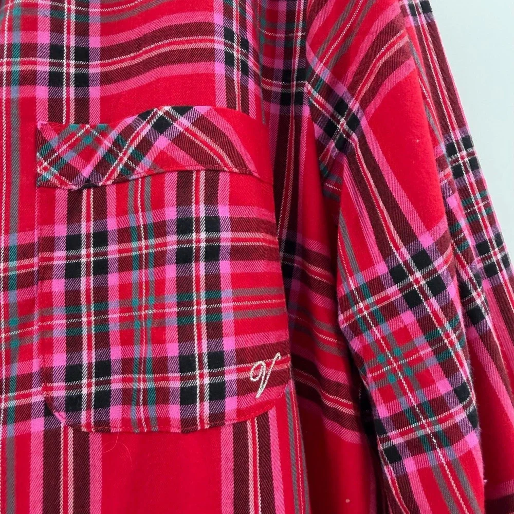 Victorias Secret Red Pink Plaid Pajama Top XL/XG Metallic Lurex & Scrunchie NEW